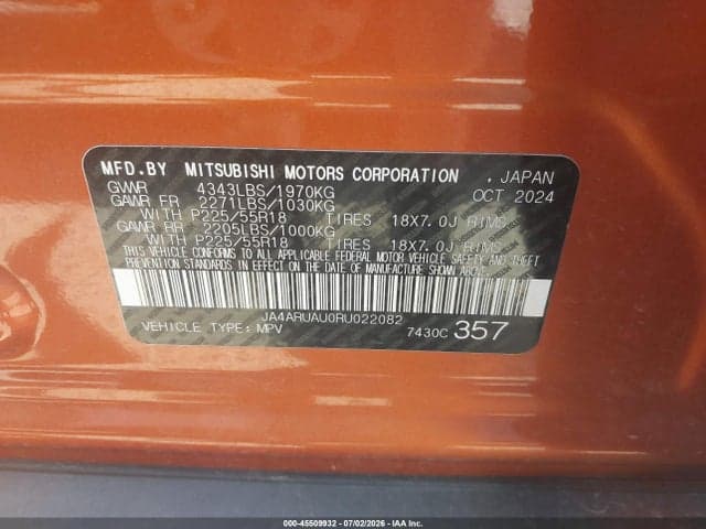 2024 MITSUBISHI OUTLANDER SPORT 2.0 ES AWC/2.0 LE AWC/2.0 RALLIART AWC/2.0 S AWC/2.0 SE AWC/2.0 TRAIL EDITION AWC 9