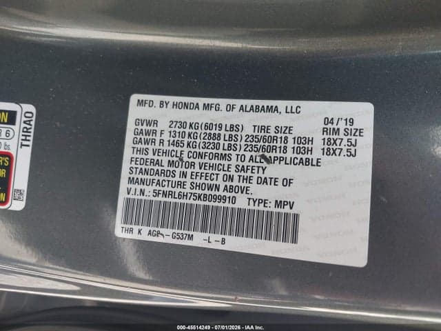 2019 HONDA ODYSSEY EX-L 9