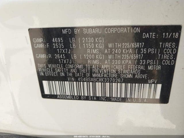 2019 SUBARU OUTBACK 2.5I 9