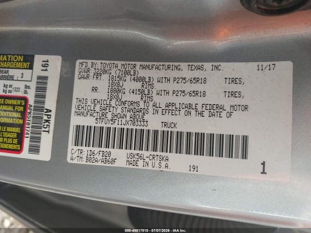 2018 TOYOTA TUNDRA SR5 5.7L V8 9
