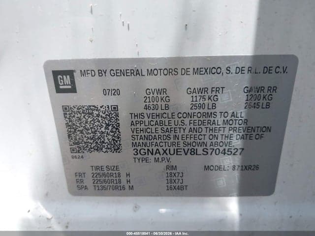2020 CHEVROLET EQUINOX AWD LT 1.5L TURBO 9