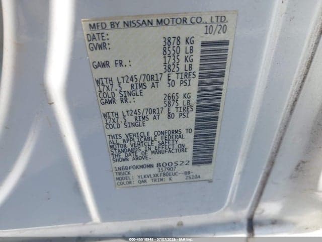 2021 NISSAN NV CARGO NV1500 SV STANDARD ROOF V6 9