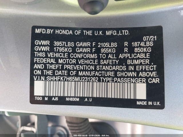 2021 HONDA CIVIC EX 9