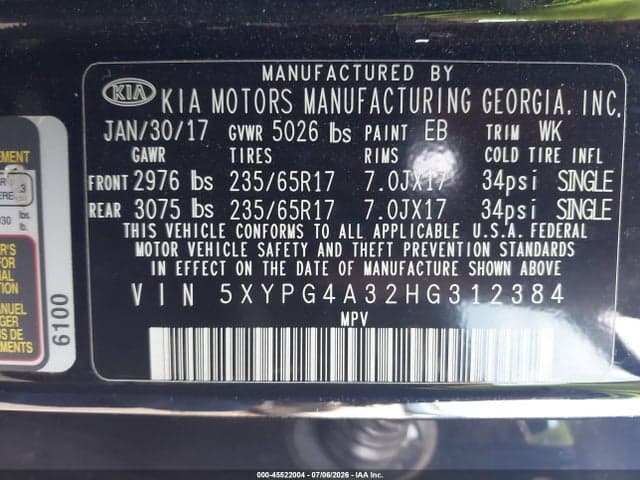 2017 KIA SORENTO 2.4L L 9
