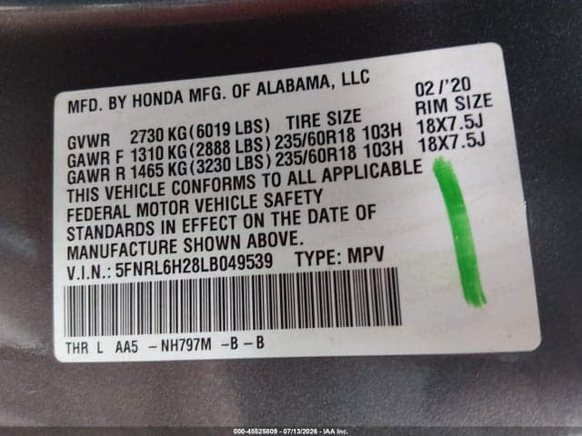 2020 HONDA ODYSSEY LX 9