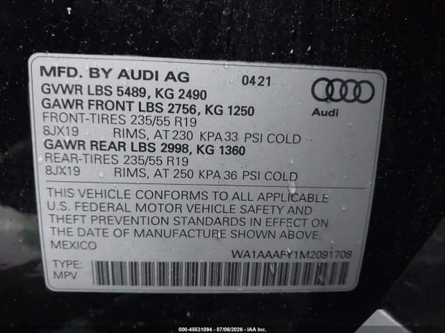 2021 AUDI Q5 PREMIUM 45 TFSI QUATTRO S TRONIC 9