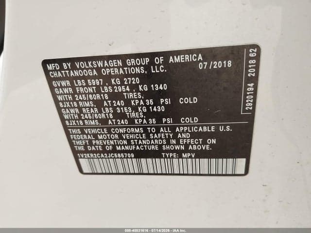 2018 VOLKSWAGEN ATLAS 3.6L V6 SE 9