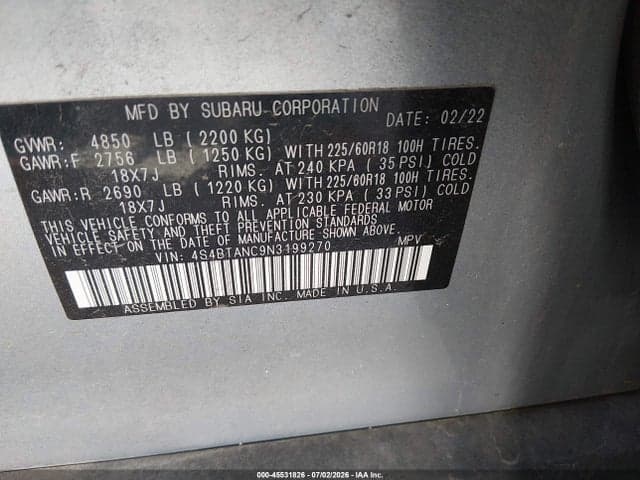 2022 SUBARU OUTBACK LIMITED 9