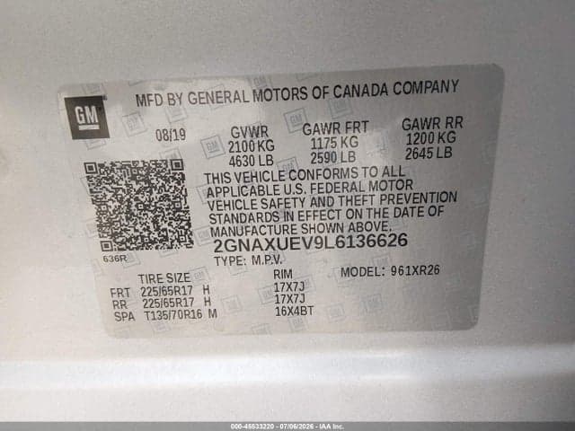 2020 CHEVROLET EQUINOX AWD LT 1.5L TURBO 9
