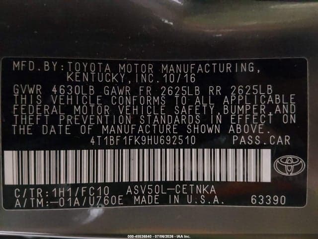 2017 TOYOTA CAMRY LE 9