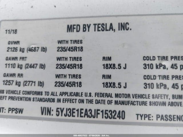 2018 TESLA MODEL 3 LONG RANGE/MID RANGE 10