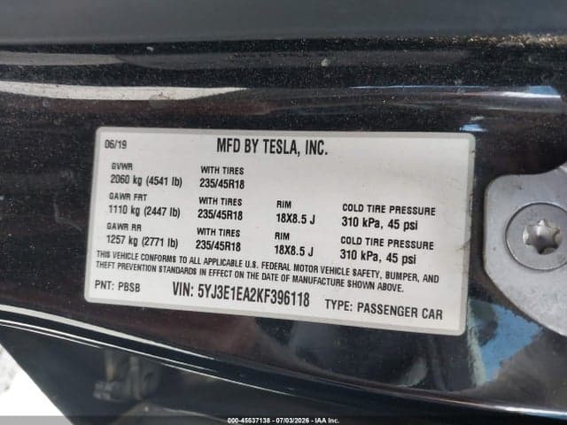 2019 TESLA MODEL 3 LONG RANGE/MID RANGE/STANDARD RANGE/STANDARD RANGE PLUS 9