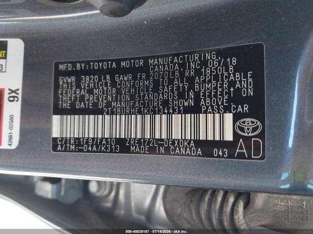 2019 TOYOTA COROLLA L 9