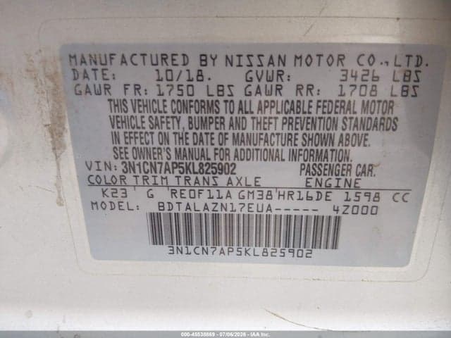2019 NISSAN VERSA 1.6 S+ 9