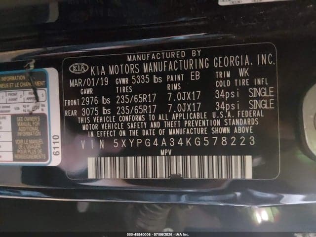 2019 KIA SORENTO 2.4L L 9