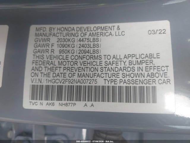 2022 HONDA ACCORD TOURING 9