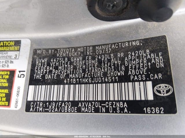 2018 TOYOTA CAMRY LE 9