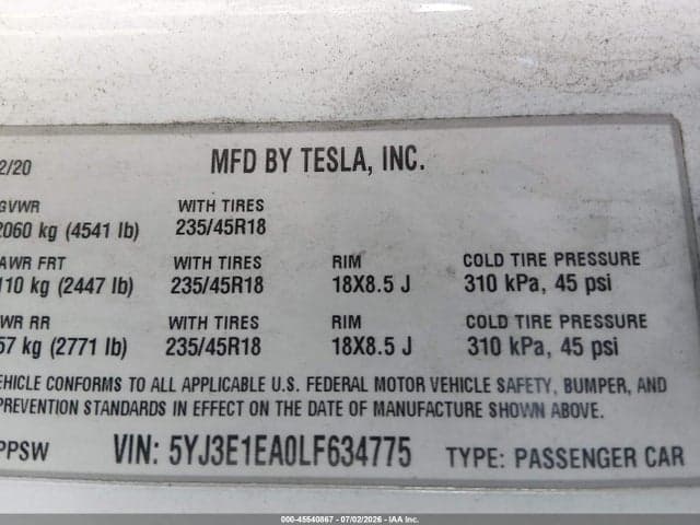 2020 TESLA MODEL 3 STANDARD RANGE PLUS REAR-WHEEL DRIVE/STANDARD RANGE REAR-WHEEL DRIVE 9