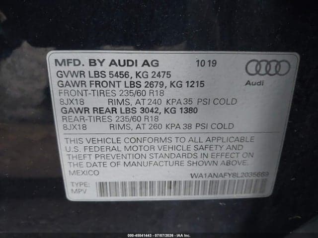 2020 AUDI Q5 PREMIUM 45 TFSI QUATTRO S TRONIC 9