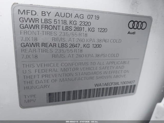 2020 AUDI Q3 PREMIUM 45 TFSI QUATTRO TIPTRONIC 9