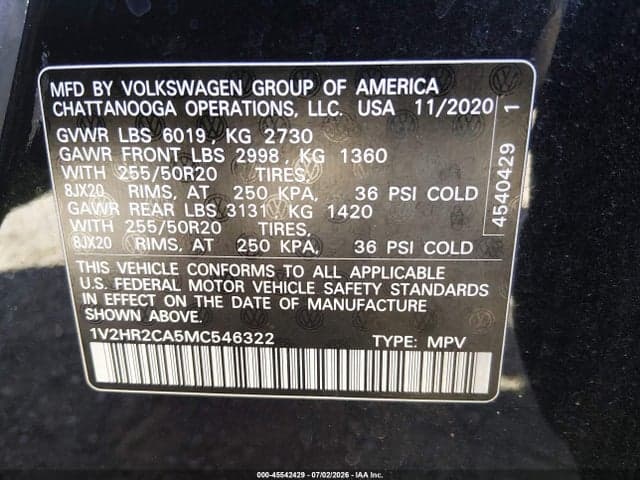 2021 VOLKSWAGEN ATLAS 3.6L V6 SE W/TECHNOLOGY 9