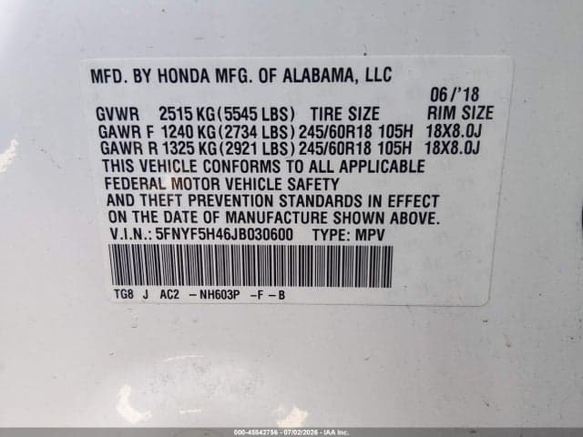 2018 HONDA PILOT EX 9