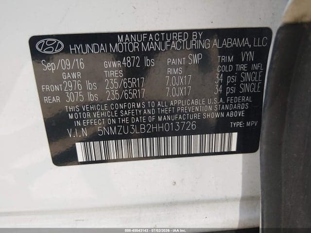 2017 HYUNDAI SANTA FE SPORT 2.4L 9