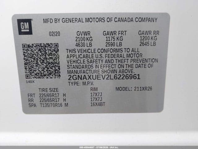 2020 CHEVROLET EQUINOX AWD LT 1.5L TURBO 9