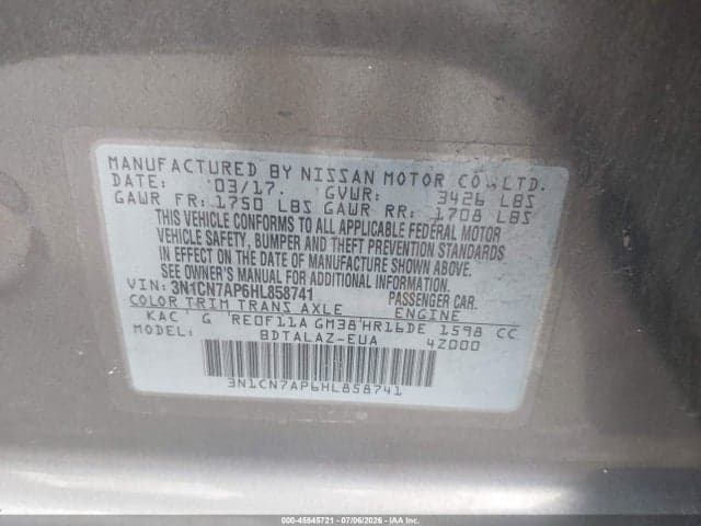 2017 NISSAN VERSA 1.6 S+ 9