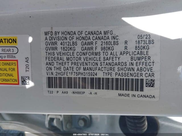 2023 HONDA CIVIC EX/EX W/O BSI 9