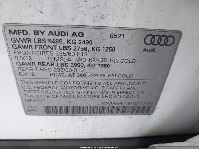 2021 AUDI Q5 PREMIUM 45 TFSI QUATTRO S TRONIC 9