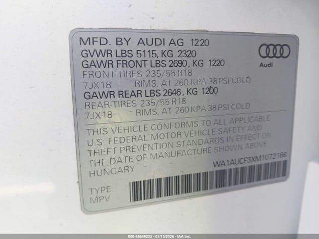 2021 AUDI Q3 PREMIUM 40 TFSI QUATTRO TIPTRONIC 9