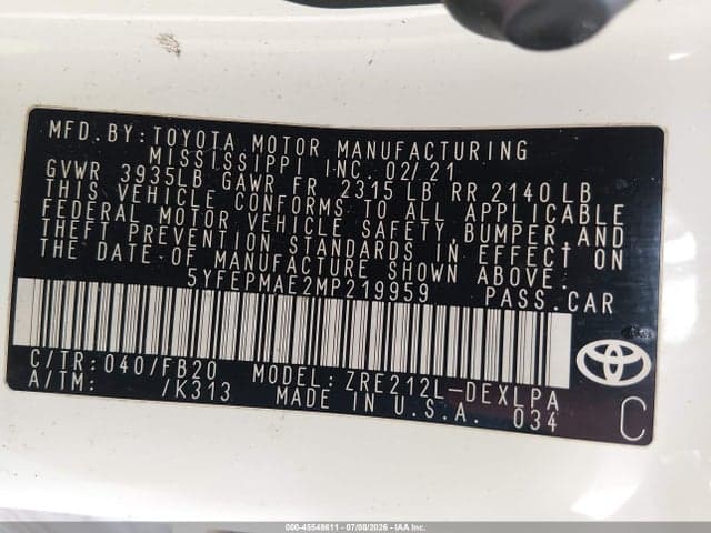 2021 TOYOTA COROLLA LE 9