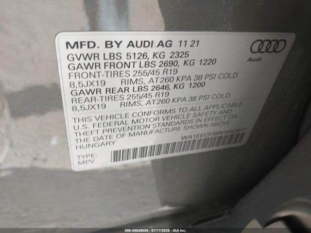 2022 AUDI Q3 PREMIUM PLUS 45 TFSI S LINE QUATTRO TIPTRONIC 9