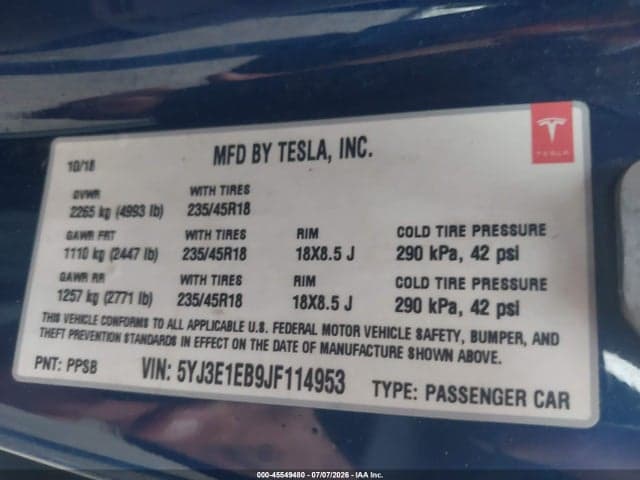 2018 TESLA MODEL 3 LONG RANGE/PERFORMANCE 9