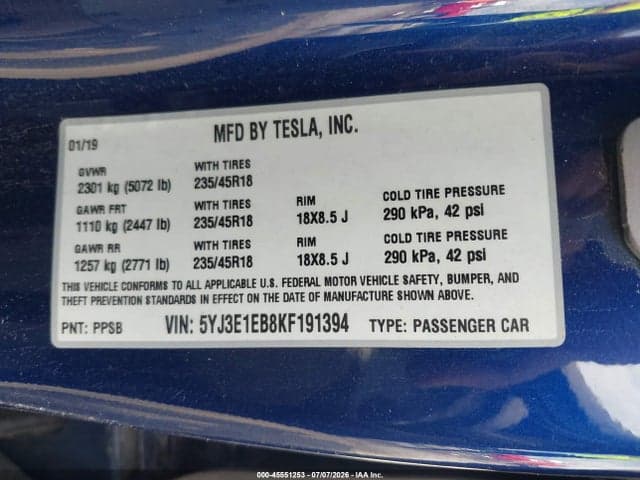 2019 TESLA MODEL 3 LONG RANGE/PERFORMANCE 9