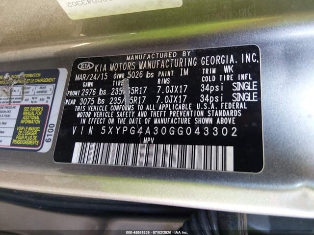 2016 KIA SORENTO 2.4L L 9