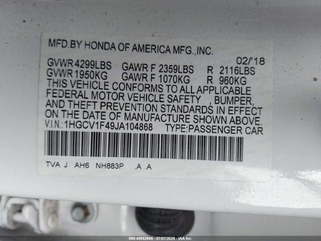 2018 HONDA ACCORD EX 9