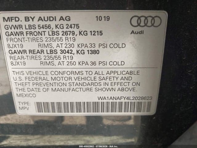 2020 AUDI Q5 PREMIUM 45 TFSI QUATTRO S TRONIC 9