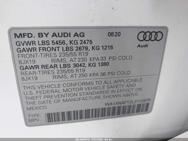 2020 AUDI Q5 PREMIUM 45 TFSI QUATTRO S TRONIC 9