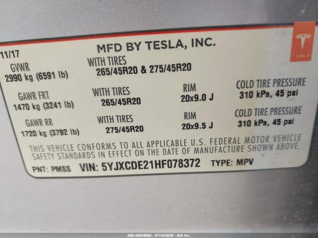 2017 TESLA MODEL X 100D/75D/90D 9