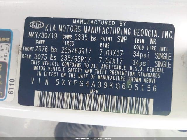 2019 KIA SORENTO 2.4L L 9