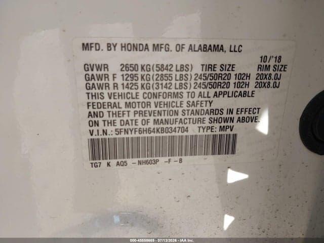 2019 HONDA PILOT TOURING 9