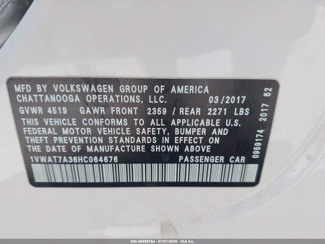 2017 VOLKSWAGEN PASSAT 1.8T S 9