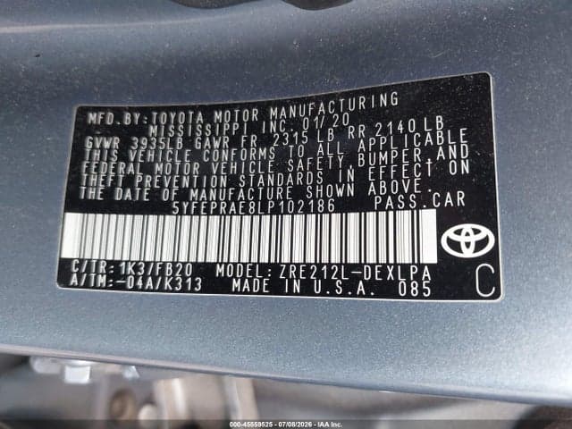 2020 TOYOTA COROLLA LE 9