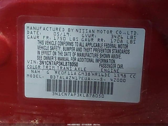 2019 NISSAN VERSA 1.6 S+ 9