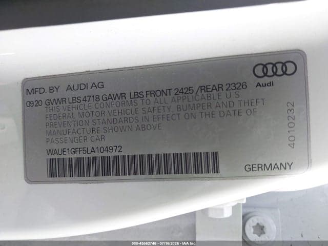 2020 AUDI S3 PREMIUM PLUS TFSI QUATTRO S TRONIC 9