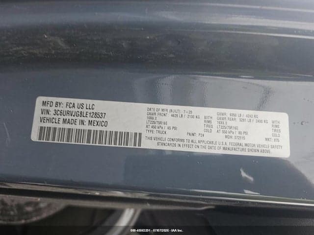 2020 RAM PROMASTER 3500 CARGO VAN HIGH ROOF 159 WB EXT 10