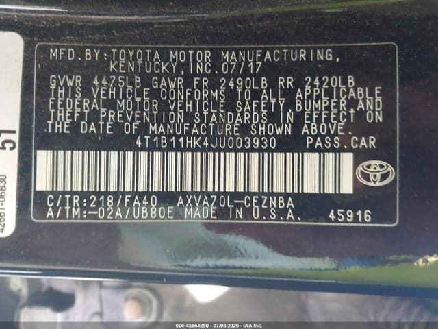 2018 TOYOTA CAMRY LE 9