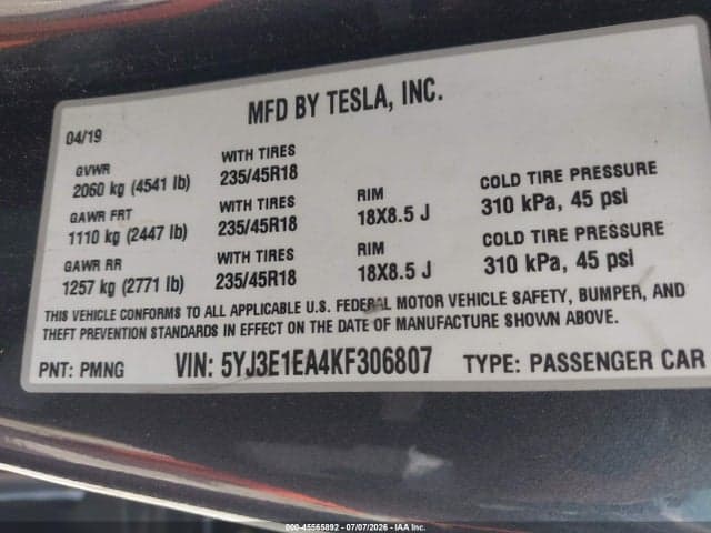 2019 TESLA MODEL 3 LONG RANGE/MID RANGE/STANDARD RANGE/STANDARD RANGE PLUS 9